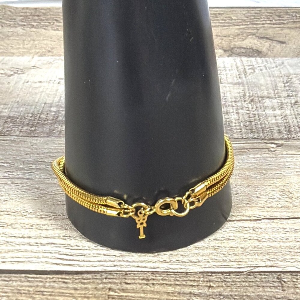 VTG 1950s Crown Trifari GoldTone Double Strand Snake Chain Bracelet T Logo Charm - Picture 14 of 15